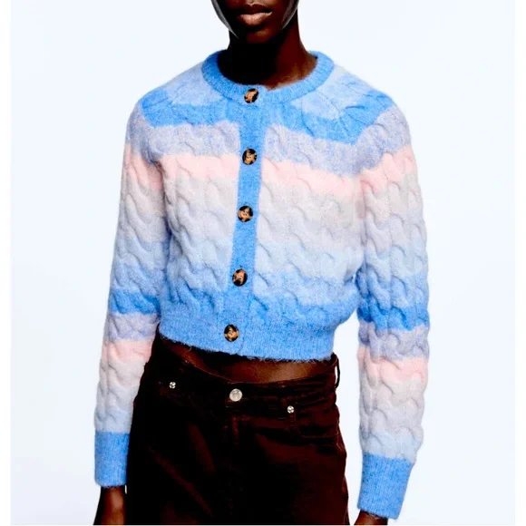 Zara Ombre Cable Knit Button Front Cardigan in Blue Pink - Picture 4 of 11